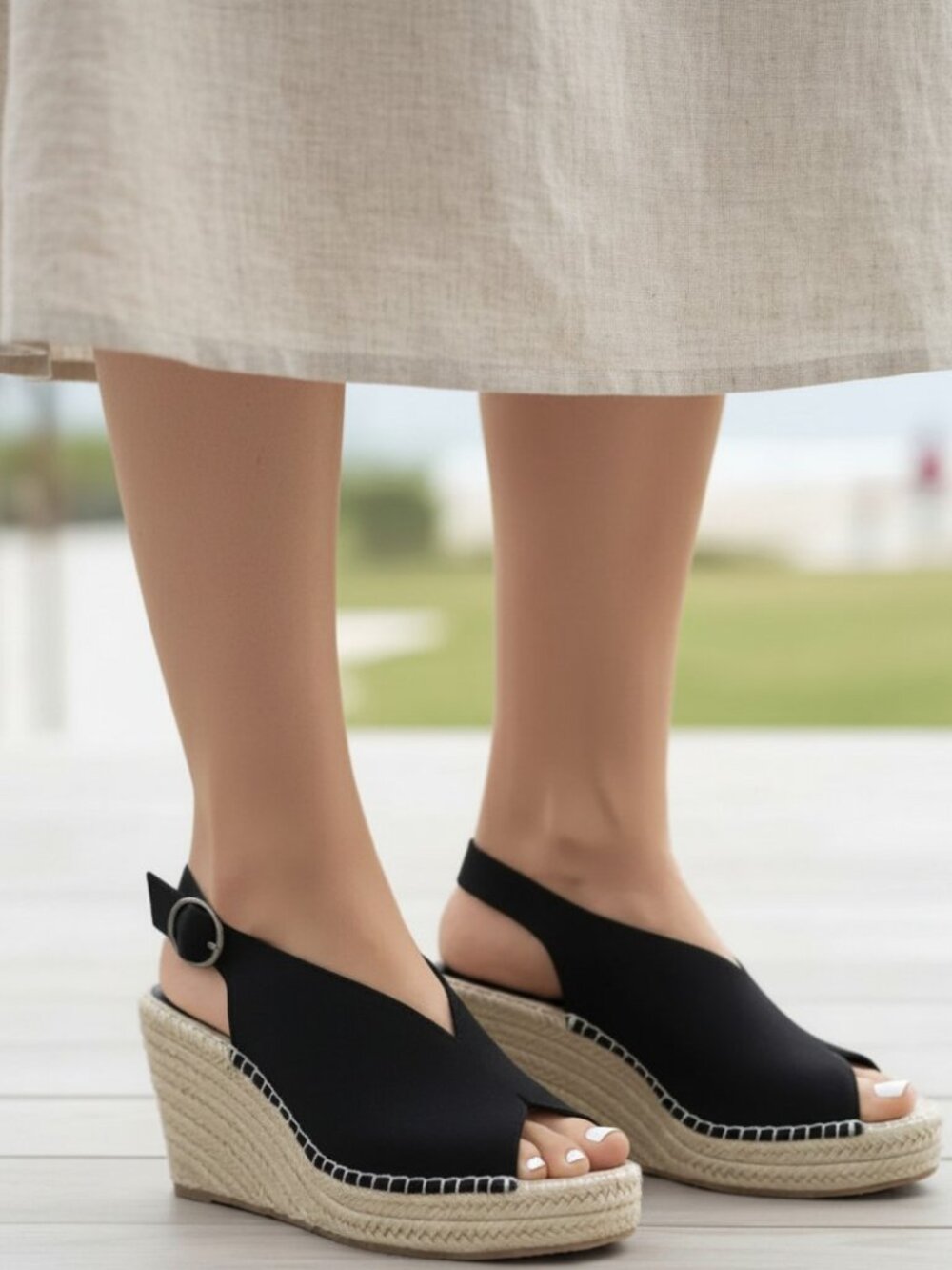 Seychelles Promenade Peep Toe Espadrille Wedges Black Suede 7 NIB
